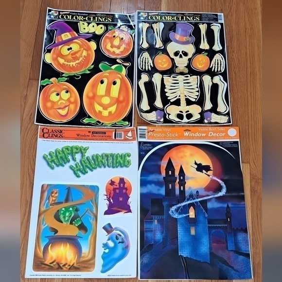 Vintage Other - Vintage Halloween Window Clings Lot of 4 Sheets Witch Ghost Skeleton Pumpkin